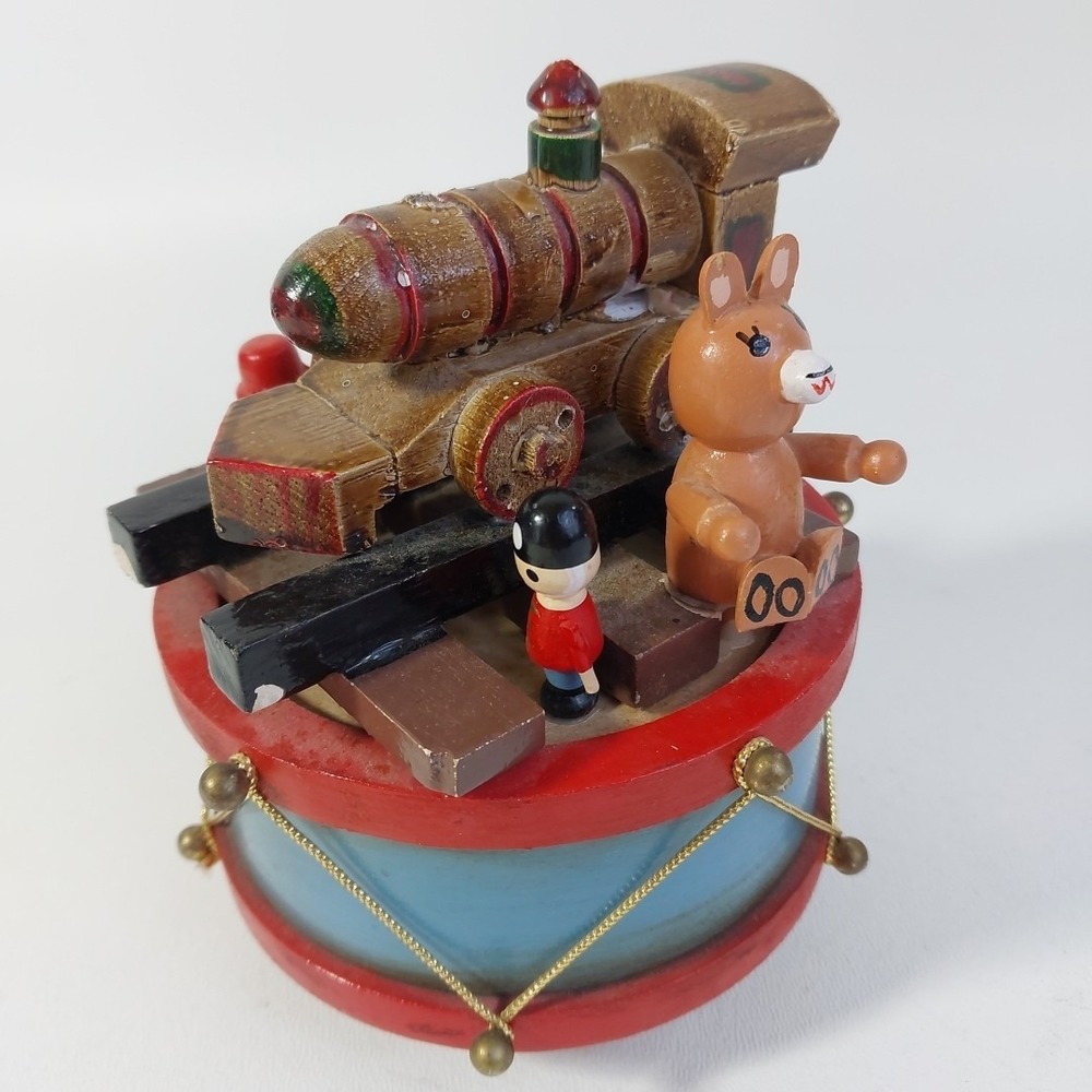 vintg 1985 Sears Christmas‎ Trim-Shop Drum Wood Music Box Train Teddy Bear
